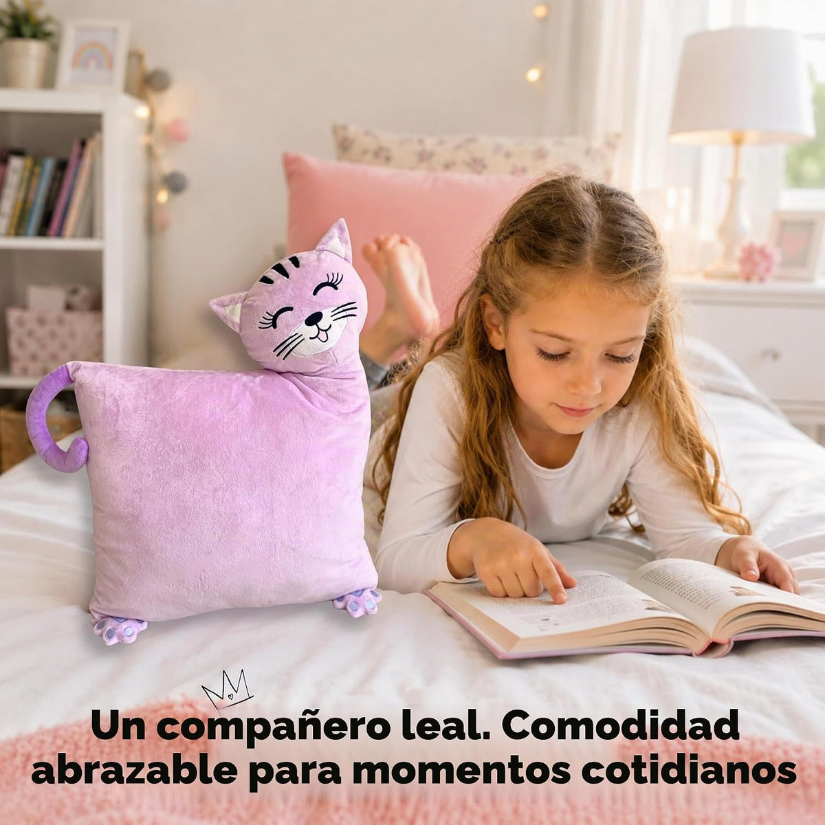 LUNAMIRA Almohada de felpa de gato para niños – Bonita almohada de peluche de gatito morado, 16 x 14 pulgadas para acurrucarse a la hora de dormir y noche de cine, funda lavable con cremallera