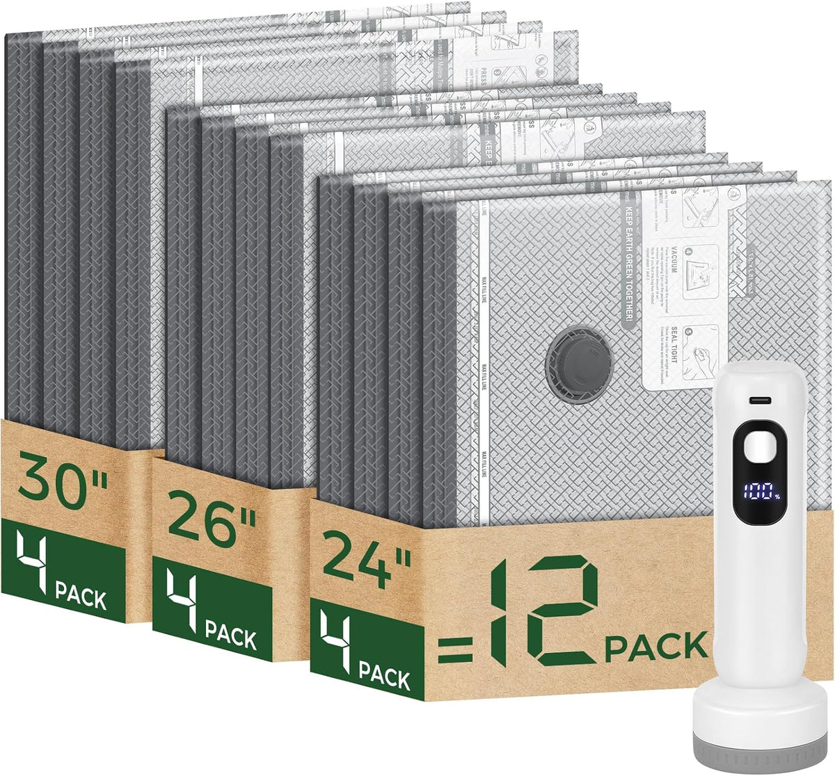 Bolsas de almacenamiento al vacío con bomba digital inalámbrica - Combo de 12