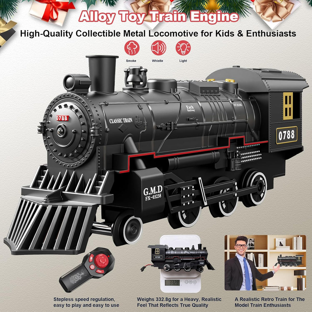 Juego de tren eléctrico con control remoto para niños, aleación de metal, juguetes de tren de Navidad, locomotora de vapor, carruajes de pasajeros, pistas de lujo, luces y sonidos, recargable, regalos de cumpleaños para niños y niñas, color verde