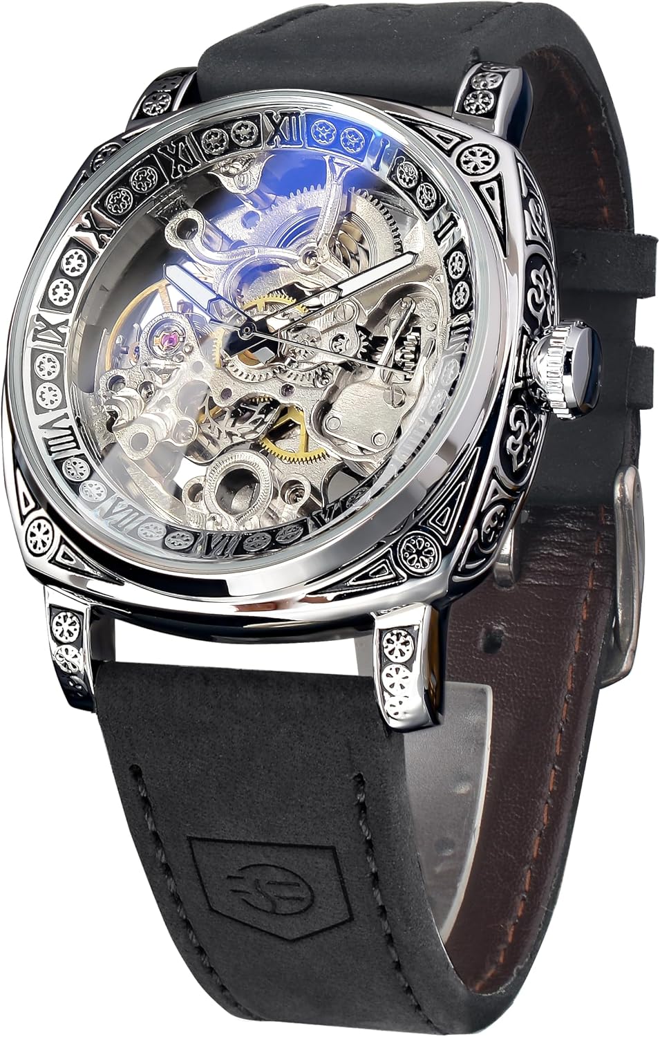 FORSINING Relojes para Hombre, Reloj Mecánico Retro Cuadrado Automático Tallado, Reloj de Pulsera Esqueleto de Cuero Vintage con Correa de Cuero