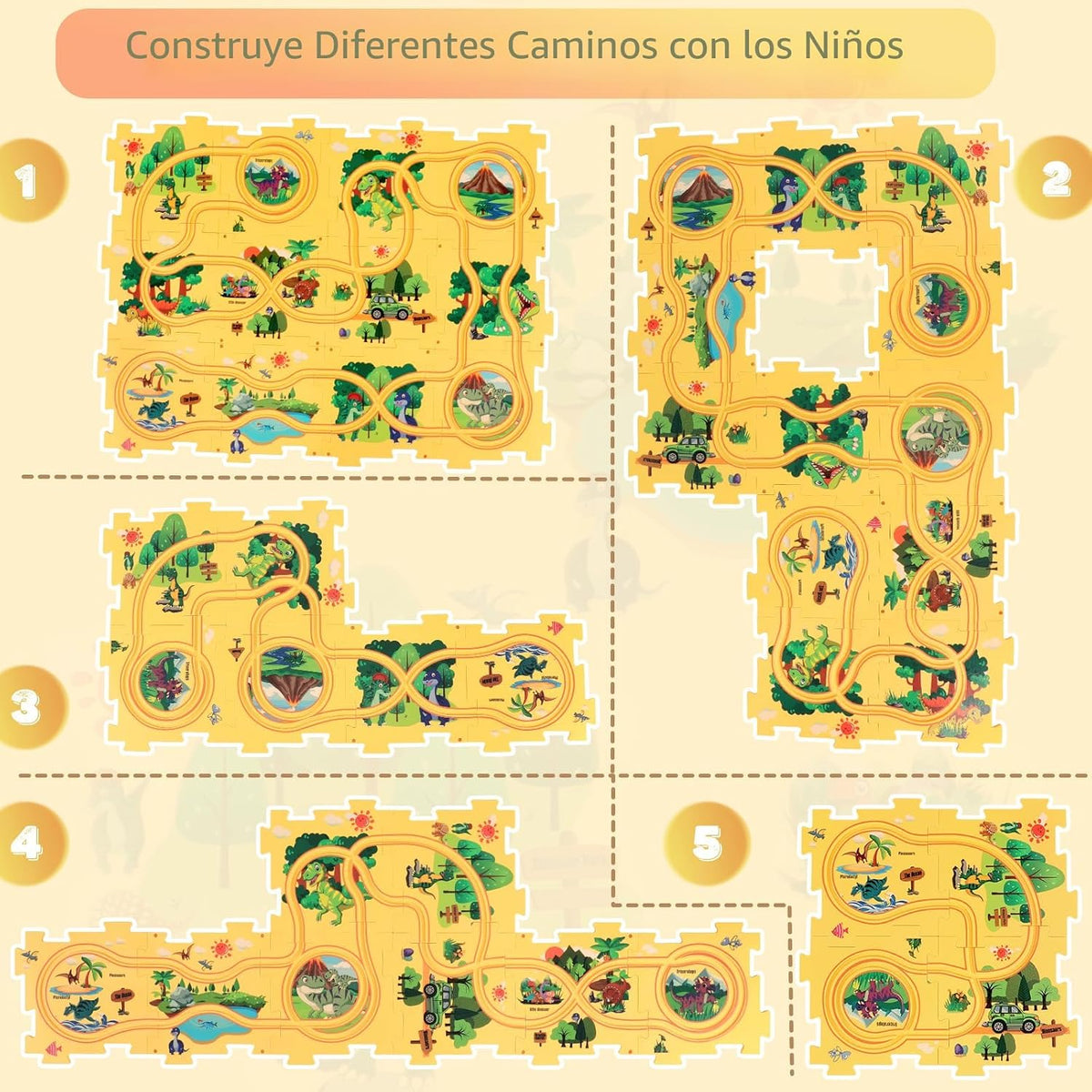 Set de Juego con Rompecabezas de Dinosaurio de Plástico y Pista de Coches para Niños de 3, 4 y 5 Años