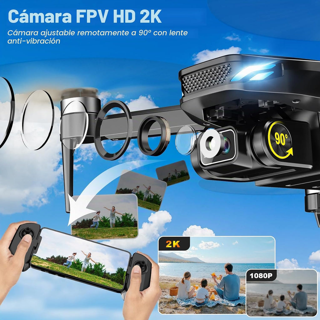 Drone GPS con cámara para adultos, 2K HD FPV Drone con retorno automático, sígueme, vuelo circular, vuelo de punto de referencia, vuelo estable, motor sin escobillas, cuadricóptero de control remoto