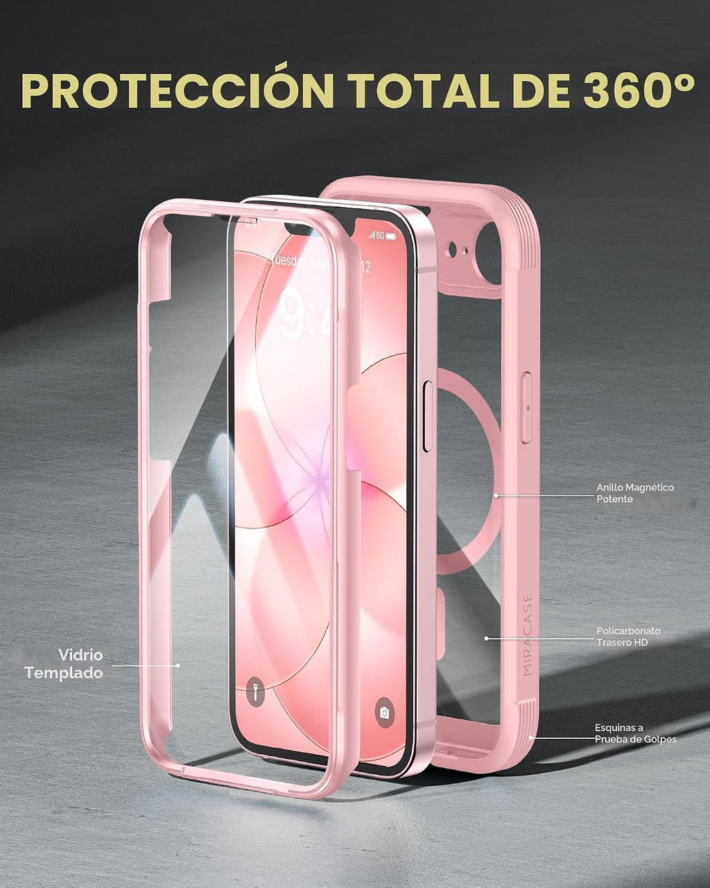 Miracase - Funda para iPhone 17e y iPhone 16e, teléfono de cuerpo completo con protector de pantalla de vidrio integrado, [magnético con MagSafe] funda militar a prueba de caídas 17 E/16 E, color rosa