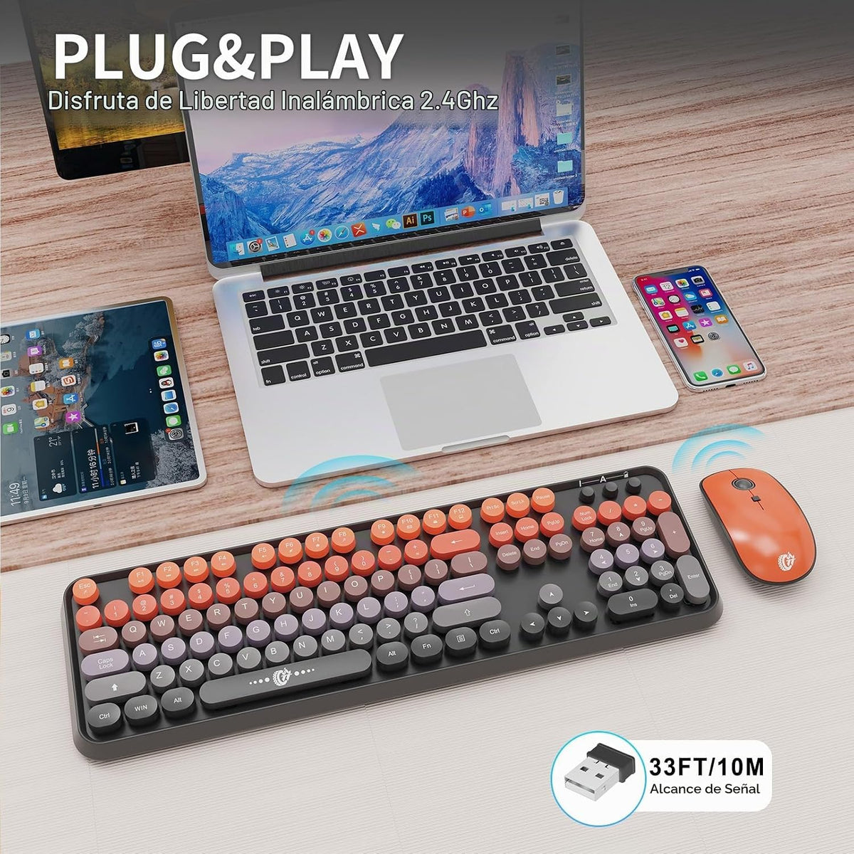 FOPETT Combo de teclado y mouse inalámbricos, 2.4G de tamaño comple...