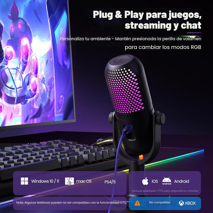 Micrófono USB para juegos de PC: Micrófono de condensador RGB para...