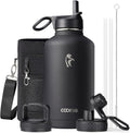 Coolflask botella de agua térmica de 64 onzas con tapa con popote y tapa con boca, botella de agua de medio galón con boca ancha, evita la condensación, sin bisfenol A, mantiene las bebidas frías durante 48 horas o calientes durante 24 horas, color negro