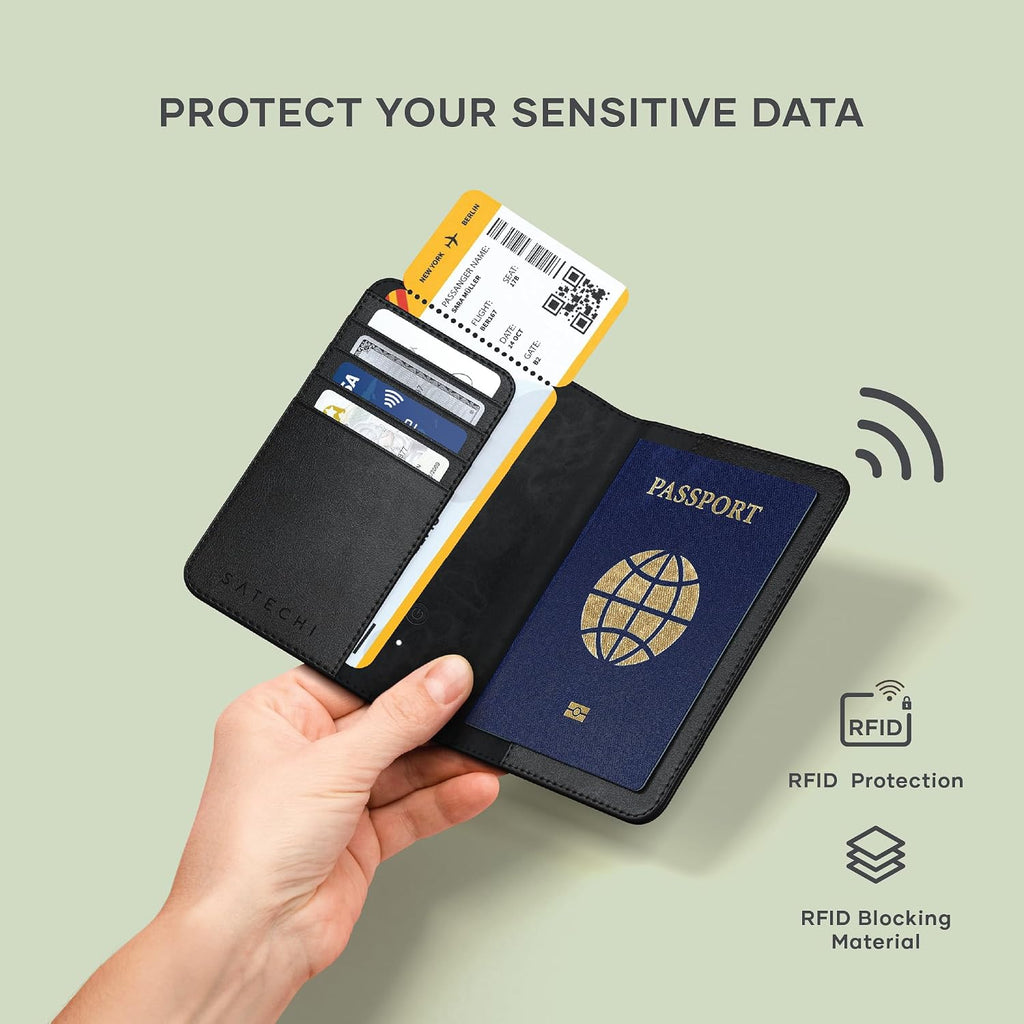Satechi Portapasaporte para Viaje con Find My, Funda para Pasaporte con Soporte para 4 Tarjetas, Carga Inalámbrica y Protección RFID – Portapasaporte Esencial de Viaje en Cuero Vegano, Negro