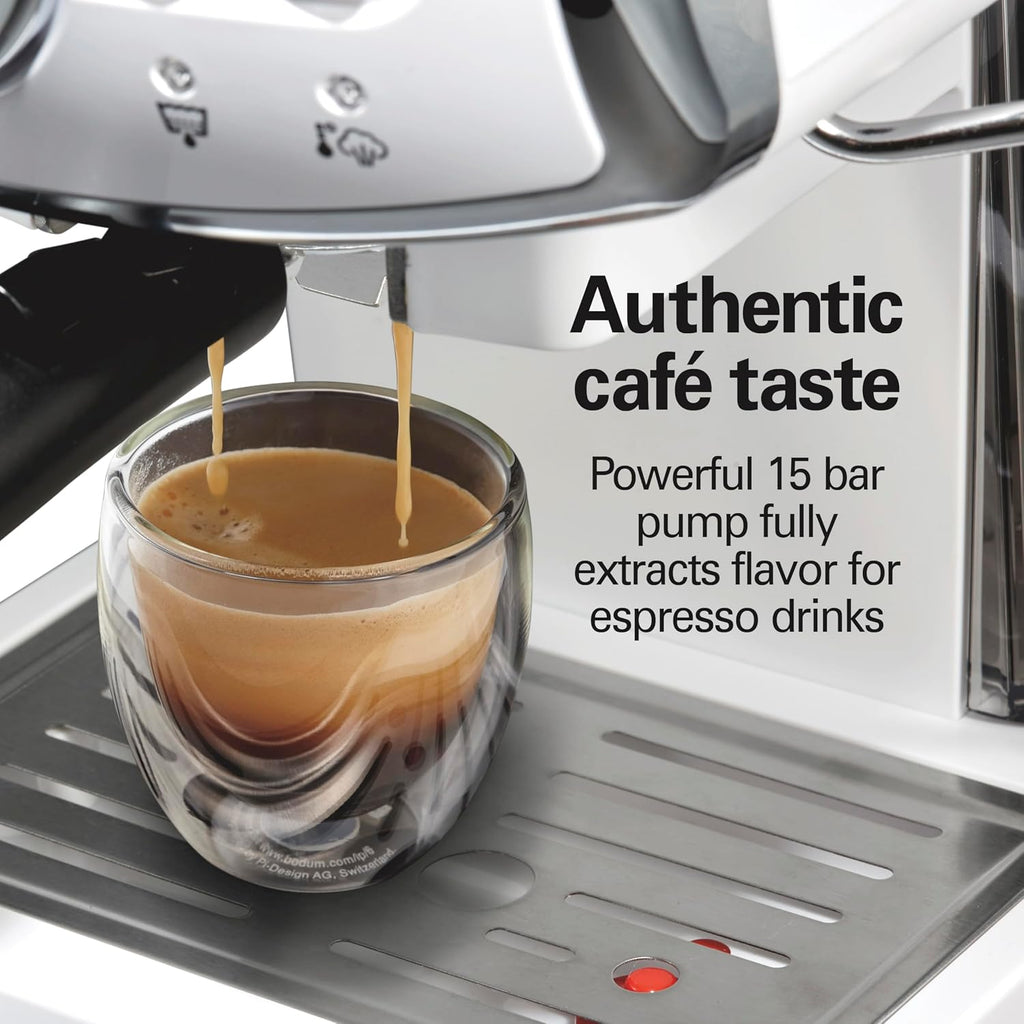 Hamilton Beach Slide & Lock - Máquina de café expreso con espumador de leche, varita de vapor para capuchino y café con leche, bomba de 15 barras y dos boquillas, depósito extraíble, compacto, diseño