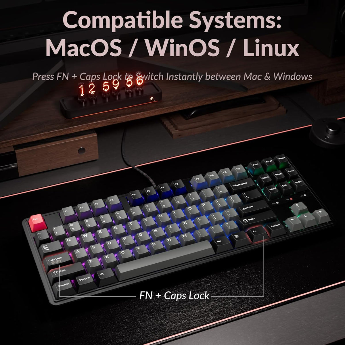 Keychron Teclado mecánico con cable C3 HE TKL (80% de diseño), inte...