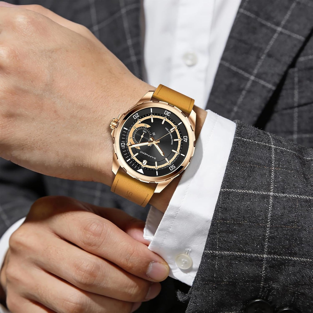 SAPPHERO Reloj para hombre con subesfera de fecha/esfera de números arábigos, cuarzo analógico, correa de acero inoxidable/piel, 164 ft impermeable, reloj de pulsera de vestir casual para trabajo de