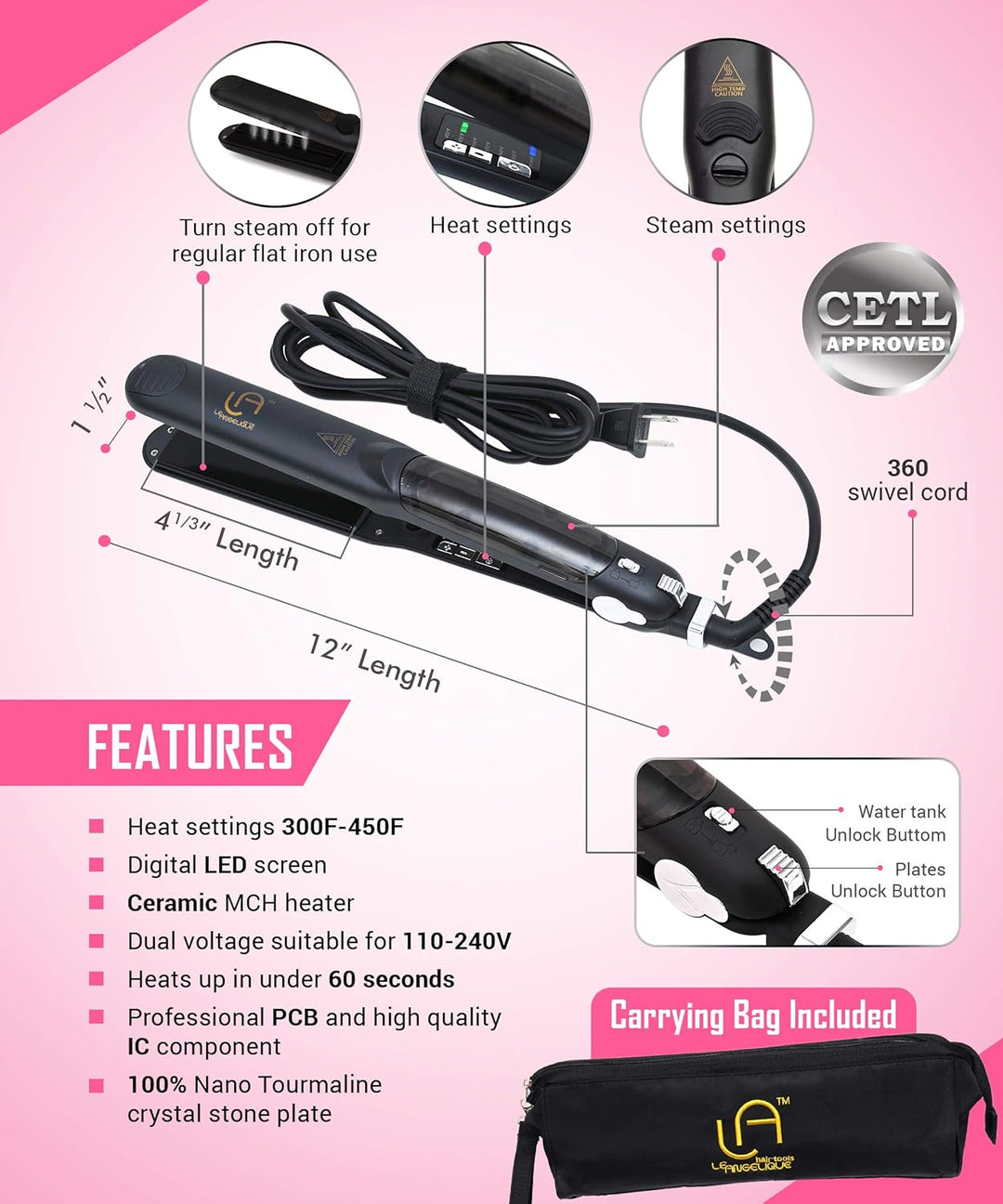 Le Angelique Plancha de pelo profesional a vapor, vaporizador 2 en...