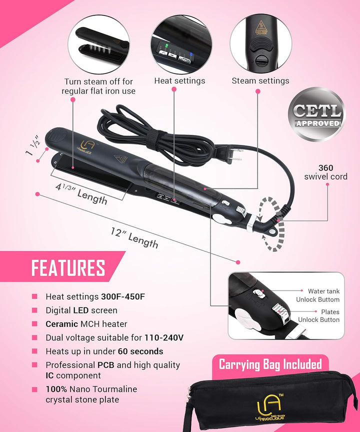 Le Angelique Plancha de pelo profesional a vapor, vaporizador 2 en...