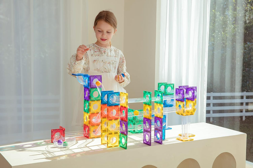 MEGAGONTILES Juego de azulejos magnéticos Marble Run de 120 piezas | Bloques de construcción magnéticos autenticados por STEM con piezas de pista de mármol | Juguete educativo de construcción para niños de 3 a 8 años (niños y niñas)