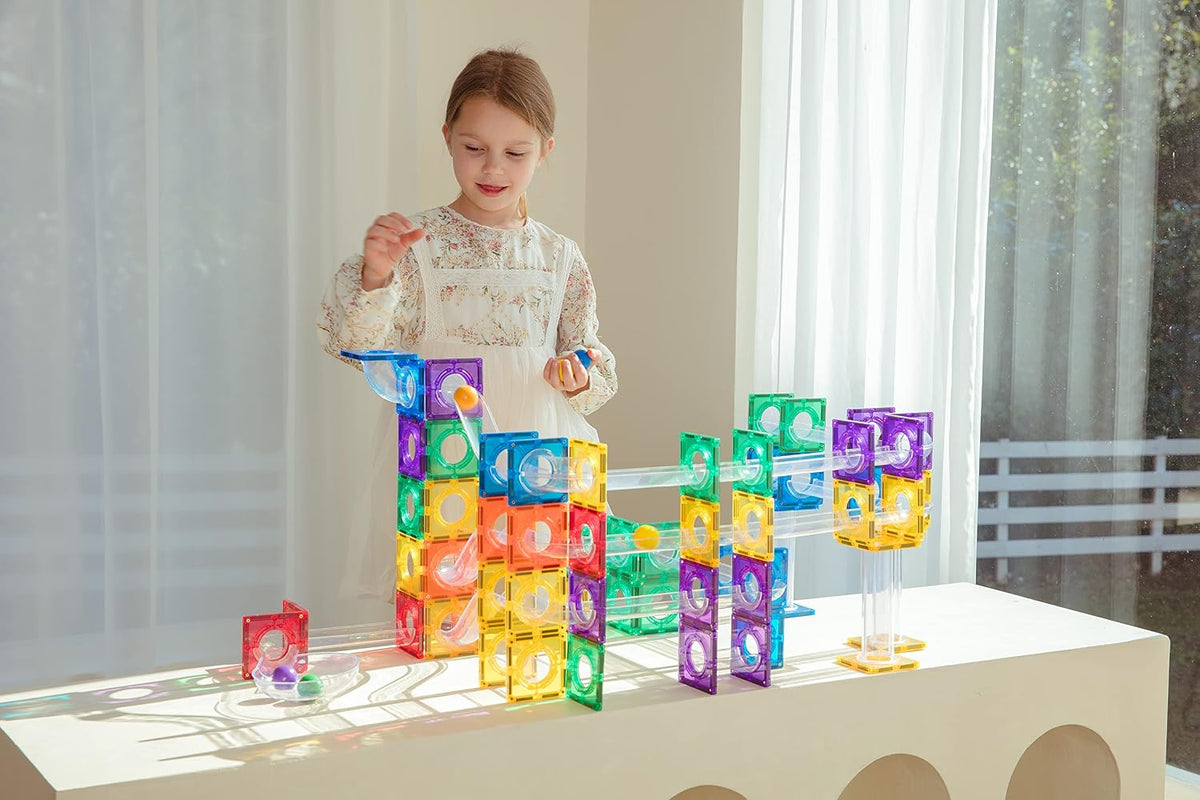 MEGAGONTILES Juego de azulejos magnéticos Marble Run de 120 piezas | Bloques de construcción magnéticos autenticados por STEM con piezas de pista de mármol | Juguete educativo de construcción para niños de 3 a 8 años (niños y niñas)