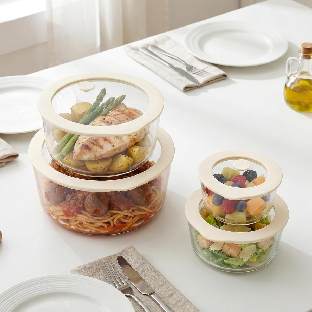 Juego de recipientes de vidrio para alimentos Urban Green con tapa de vidrio, paquete de 4, contenedores para preparar comida con tapa hermética de marco de silicona, a prueba de fugas, 100% libre de