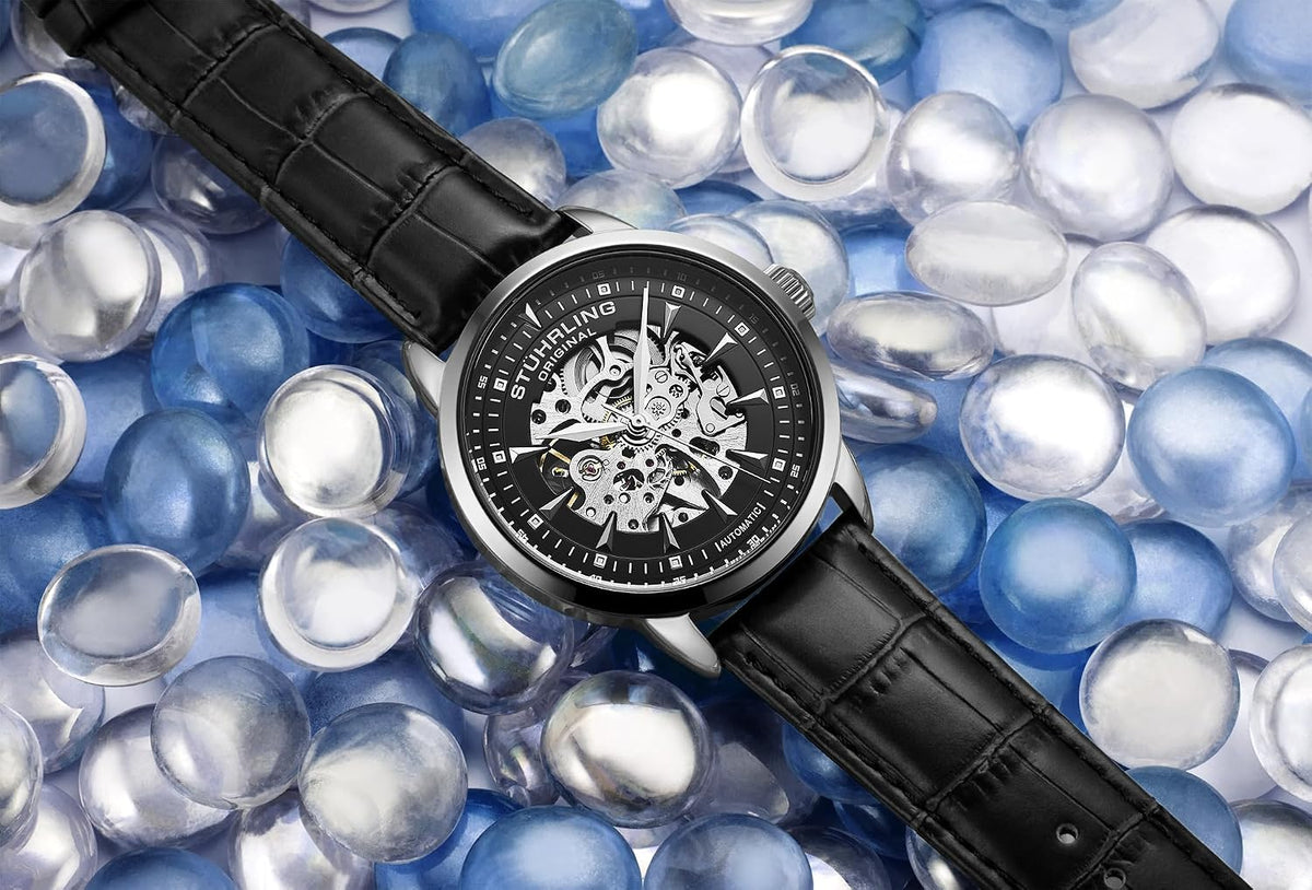 Stuhrling Original Reloj de vestir automático para hombre con correa de cuero en relieve de cocodrilo con esfera de esqueleto