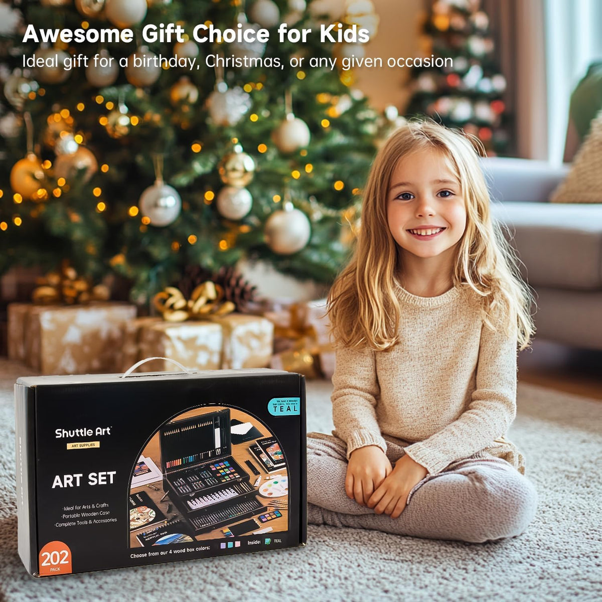Shuttle Art Kit de arte de regalo de lujo, juego de 202 piezas de suministros de arte de madera con 4 almohadillas de dibujo, lienzos, hojas para colorear, pintura acrílica, crayones y pasteles al óleo, lápices de colores para niños