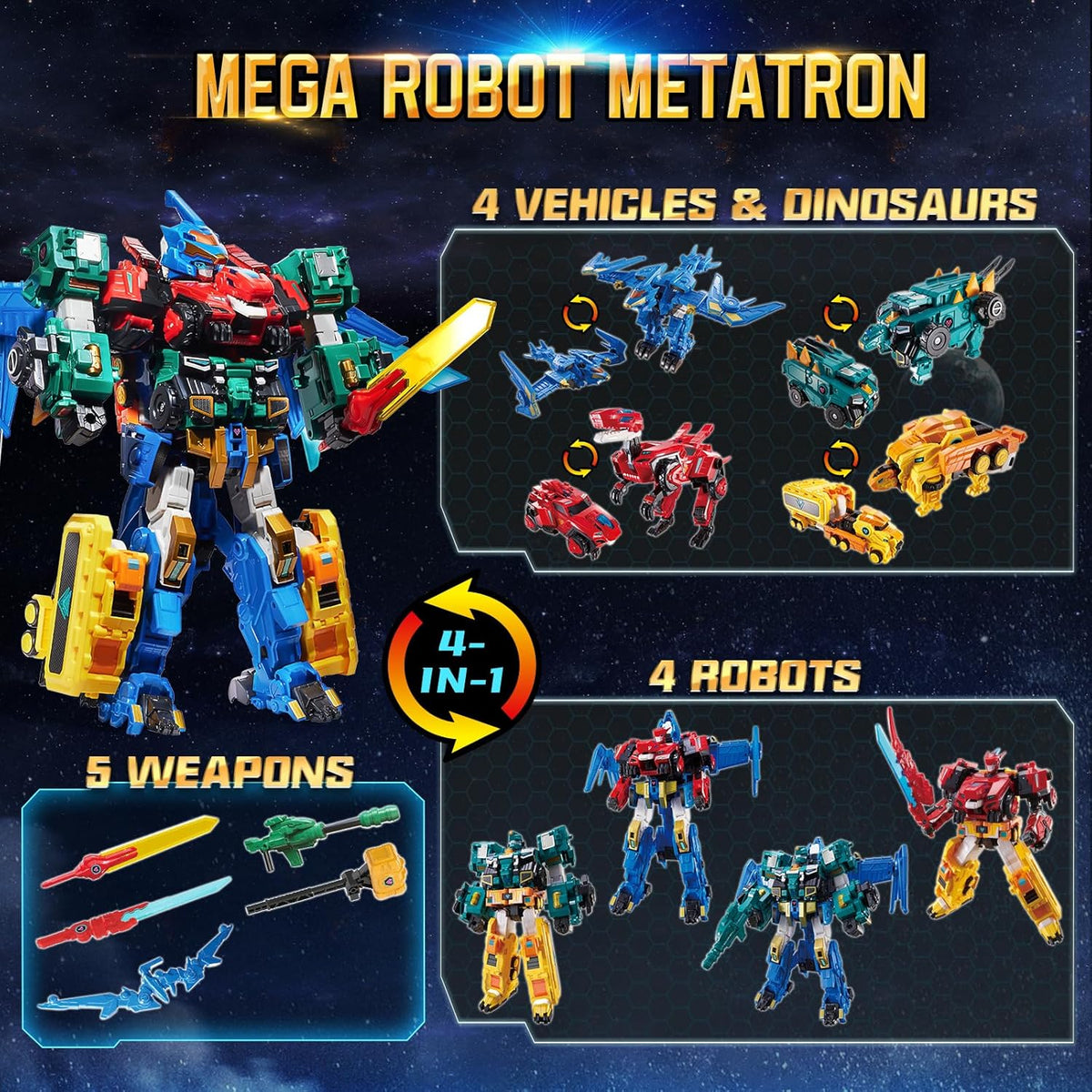 QUANTUM HEROES DINOSTER Robot 4 en 1 Mega Metatron 16.1in - Edades 5+