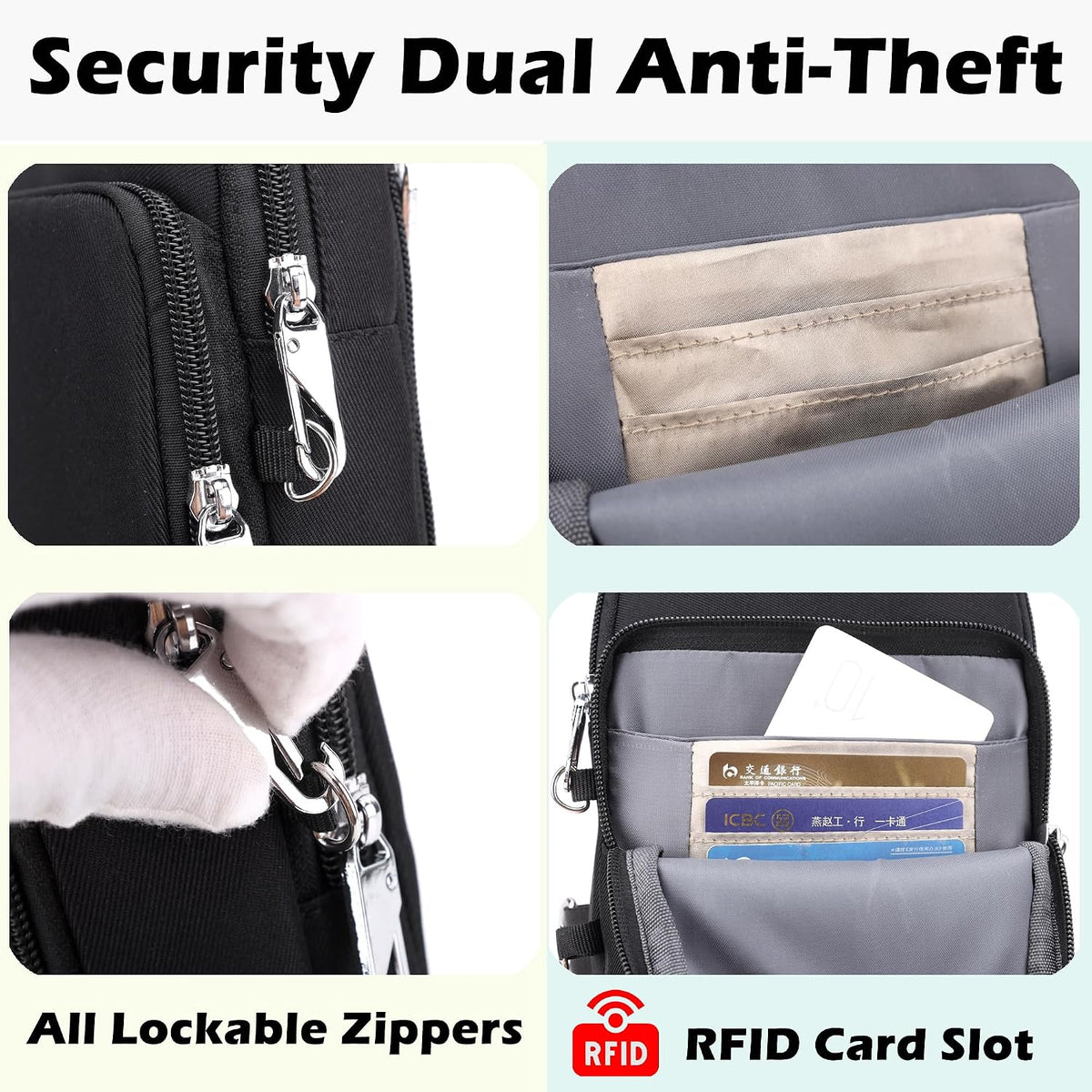 Bolso bandolera pequeño antirrobo con bloqueo RFID y cierre de cremallera