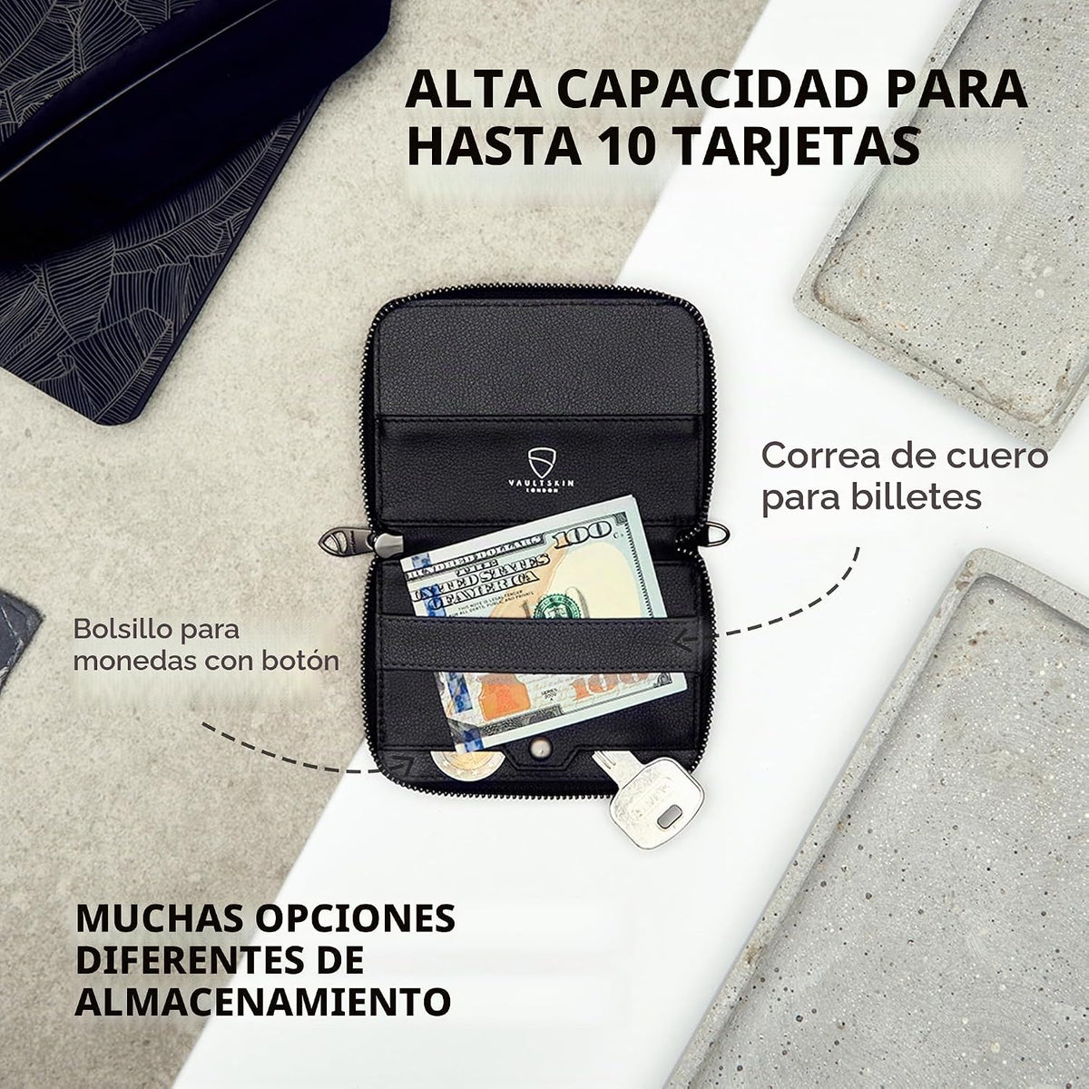 Vaultskin NOTTING HILL - Cartera delgada de piel con cremallera, RFID