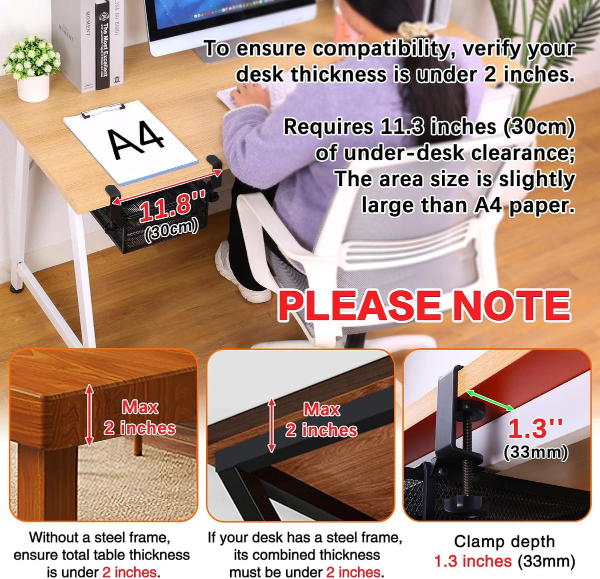 ROSYLINE Under Desk & Desktop Drawer Organizer, 2-Tier Big Capacity