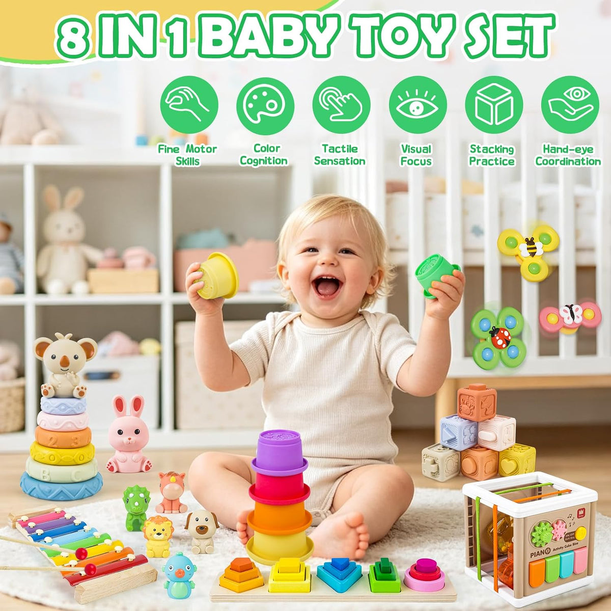 Juguetes musicales 8 en 1 para bebés de 6 a 12 meses, juguetes sensoriales Montessori para bebés de 0-6-12-18 meses, clasificación de dentición infantil
