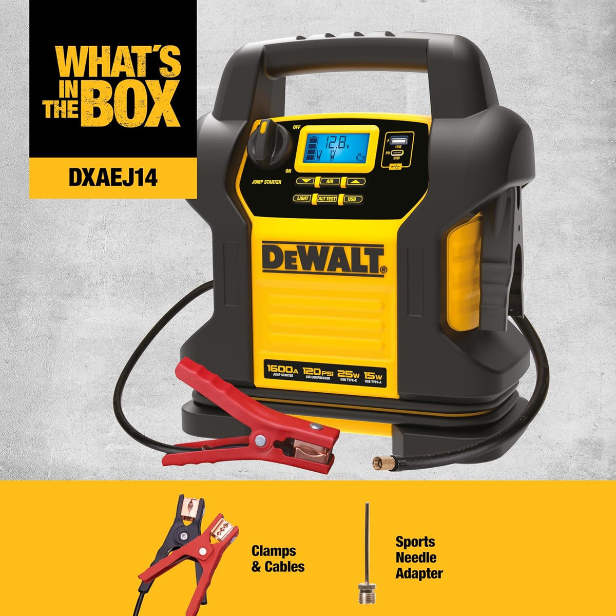 DEWALT DXAEJ14 Arrancador de salto de 1600 amperios pico con inflador de
