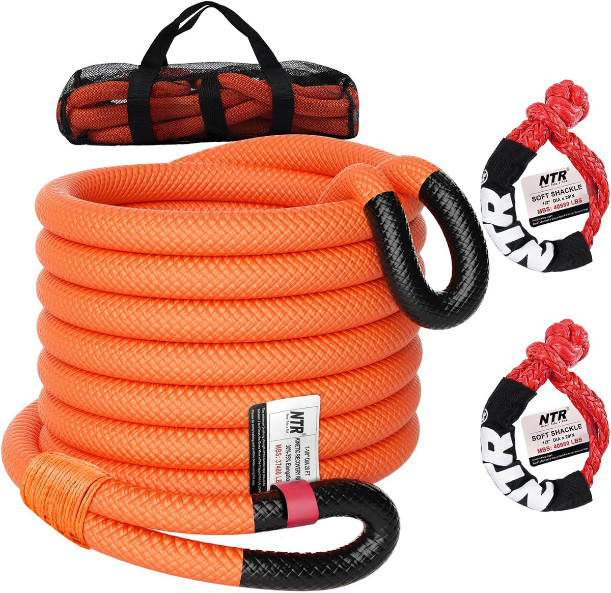 Cuerda de remolque de recuperación cinética de 1-1/8" x 30' (37,480 libras), con 2 grilletes suaves UHMWPE (40,980 libras), correa de tracción todoterreno resistente, kit de recuperación de