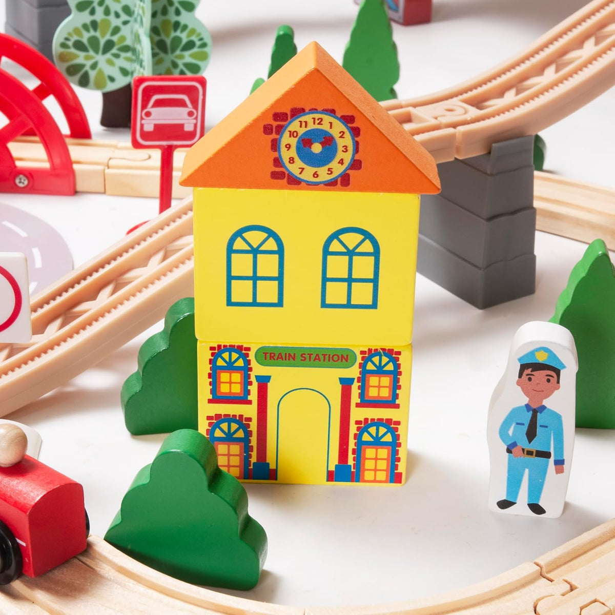 Juego de trenes de madera de 78 piezas para niños pequeños - Kits de vías