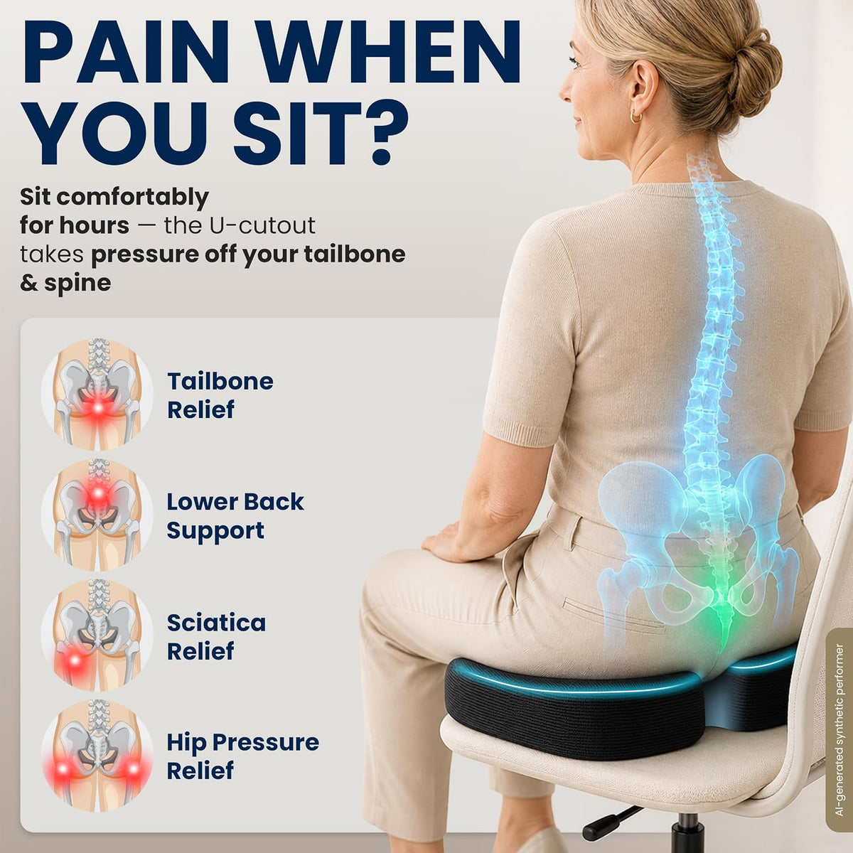 5 STARS UNITED Cojín de asiento, espuma viscoelástica para aliviar el dolor de coxis, soporte ergonómico para coxis, ciática y glúteos, silla de ruedas, oficina, escritorio y silla de juegos