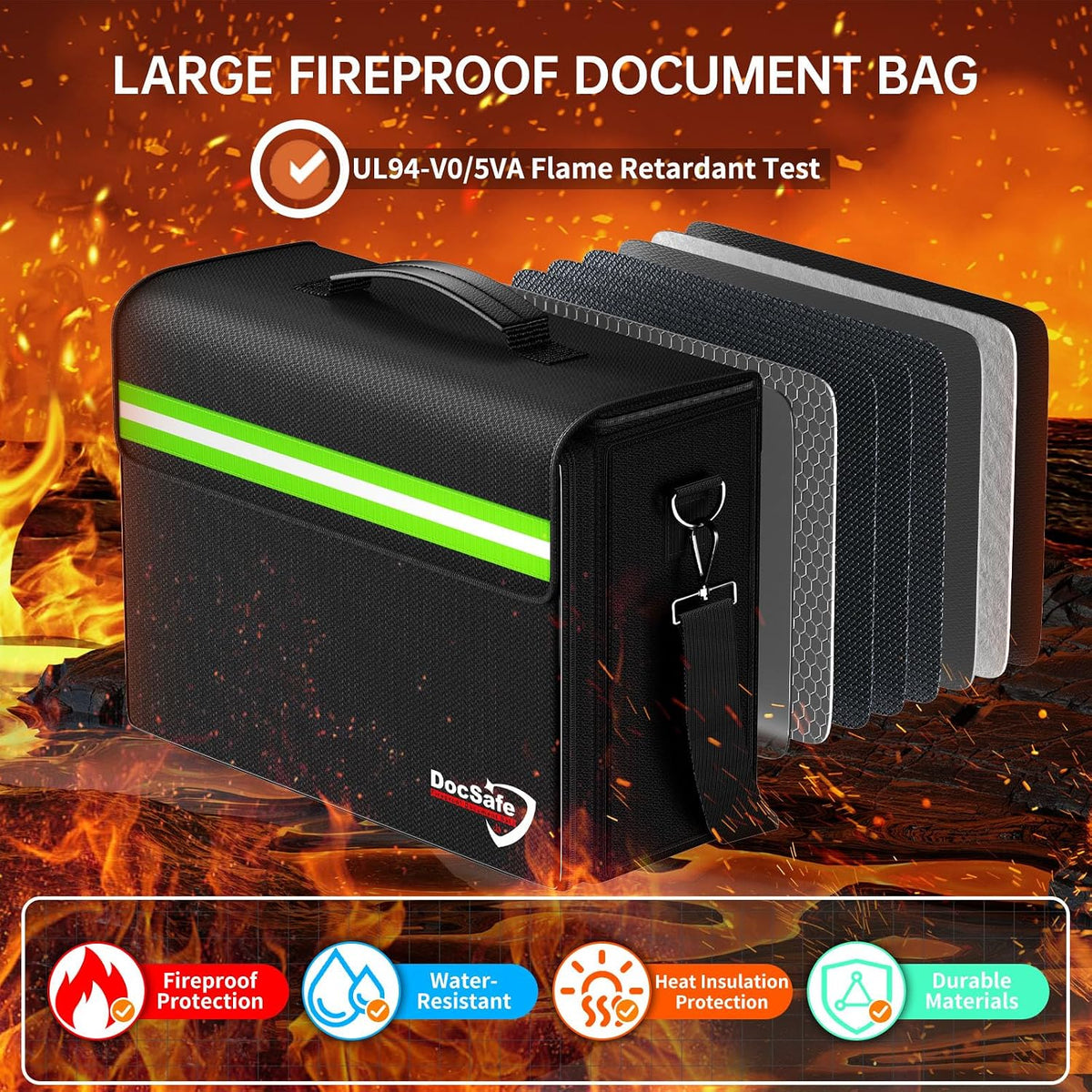 DocSafe Bolsa de documentos grande ignífuga y resistente al agua de 5200°F con múltiples bolsillos, organizador de almacenamiento de archivos de 17 x 12.5 x 7.2 pulgadas, soporte importante para documentos