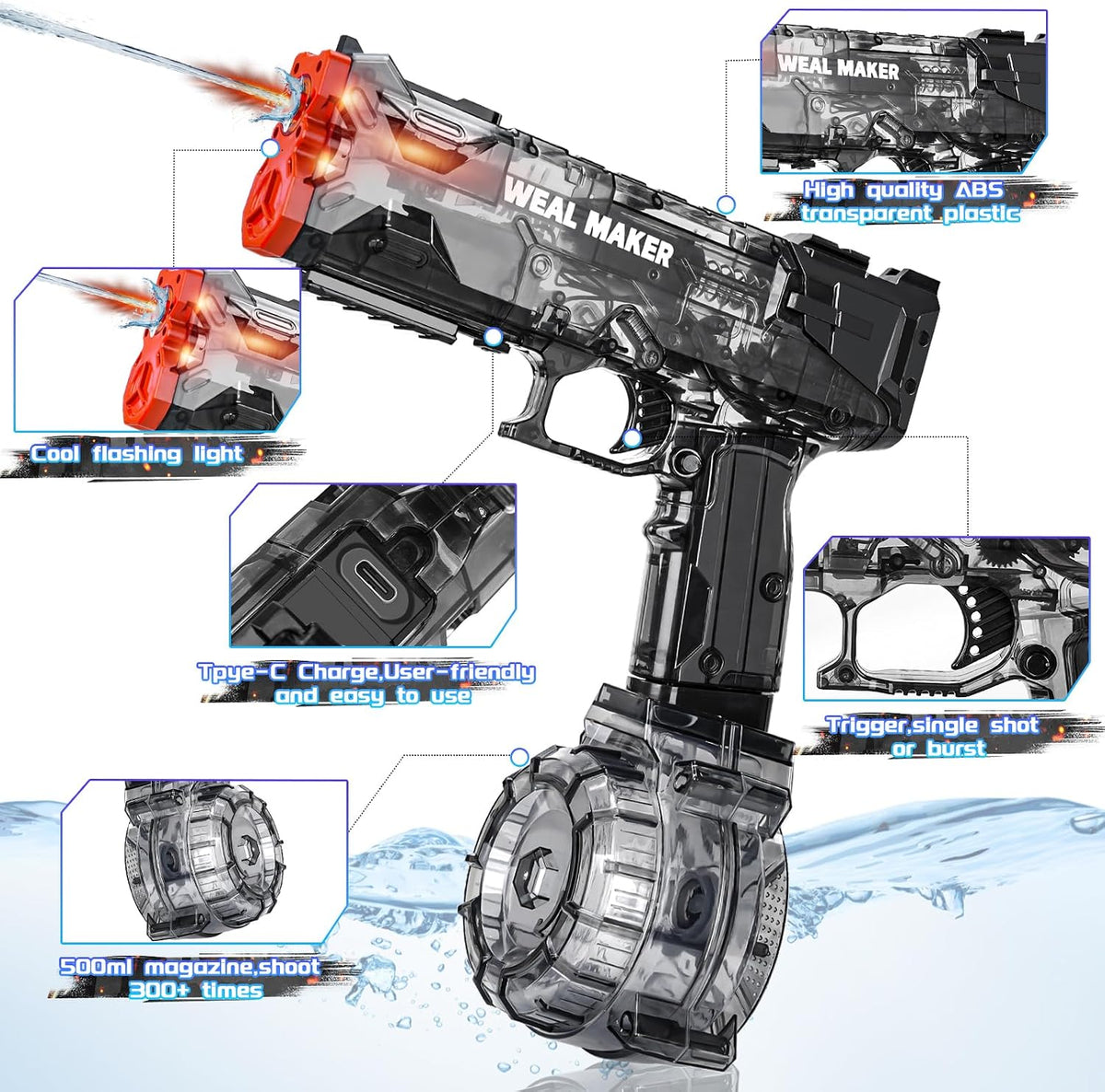 Paquete de 3 pistolas de agua eléctricas con flash LED y carga USB-C, diseñada para diversión acuática épica, pistolas de chorro automáticas de 25 a 30 pies, pistola de agua para verano al aire libre en el patio trasero, juguetes de fiesta temática de