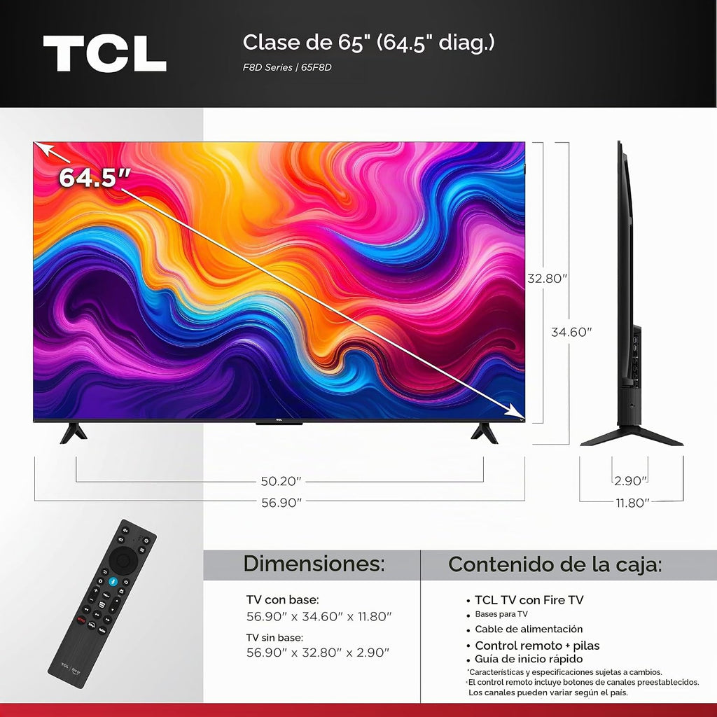 TCL Serie F8D de 65 pulgadas 4K QLED (65F8D, modelo 2026) con Dolby Vision HDR y Dolby Atmos Smart TV con Fire TV, Alexa +, frecuencia de actualización de 144 Hz, retroiluminación LED de alto brillo