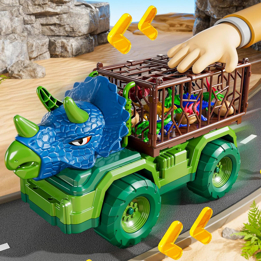 Camión de dinosaurio Triceratops 22 en 1 para niños de 3-5-7 4-8, camión transportador de dinosaurios con 18 figuras de dinosaurios jurásicos, 3 huevos de dinosaurio, 3, 4, 5, 6, 7, 8 años, regalos de cumpleaños para niños pequeños