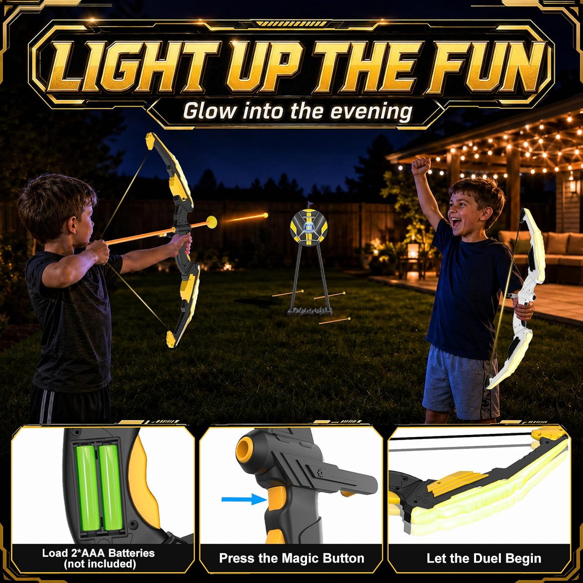 TIGTECGAME - Paquete de 2 arcos y flechas para niños con objetivo desplegable de pie, juego de tiro con arco con luz LED, 20 flechas de ventosa y 2 carcajes, juguetes para interiores y exteriores y