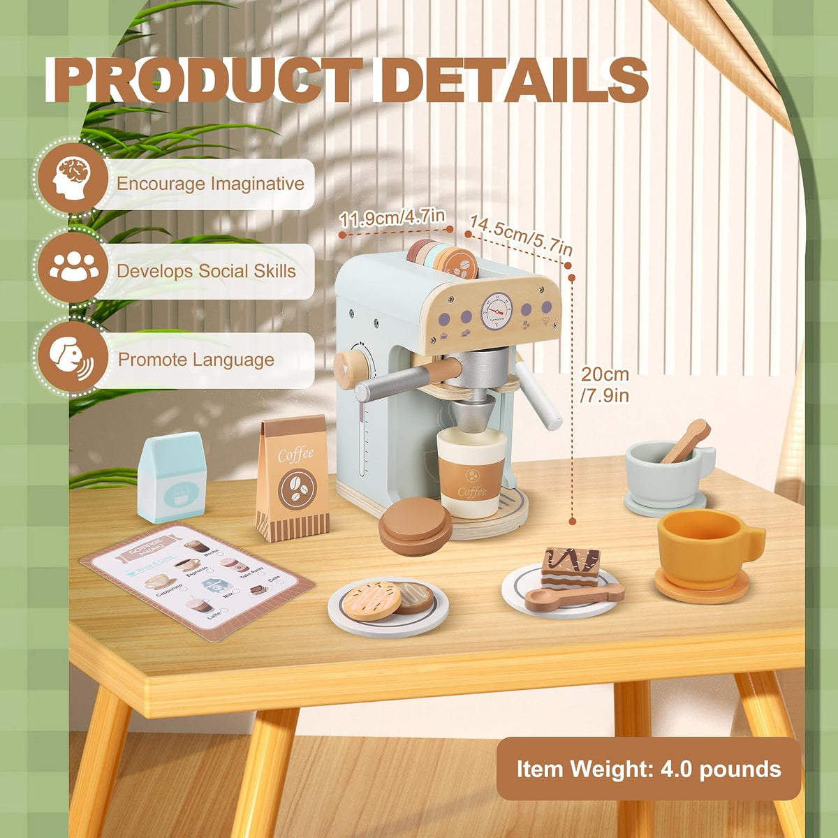 Juguete para cafeteras de madera para niños, electrodomésticos de cocina y accesorios de juguete para niños pequeños, regalo para niñas y niños