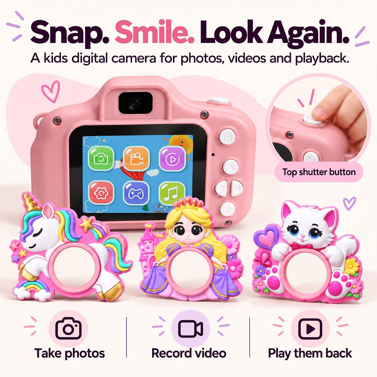 Cámara para niños para niñas Juguetes Regalo: Regalos para niñas de 3, 4 y 5 años, cámara digital rosa para selfies, regalo de cumpleaños de Navidad para niñas, cámaras de juguete para niños pequeños