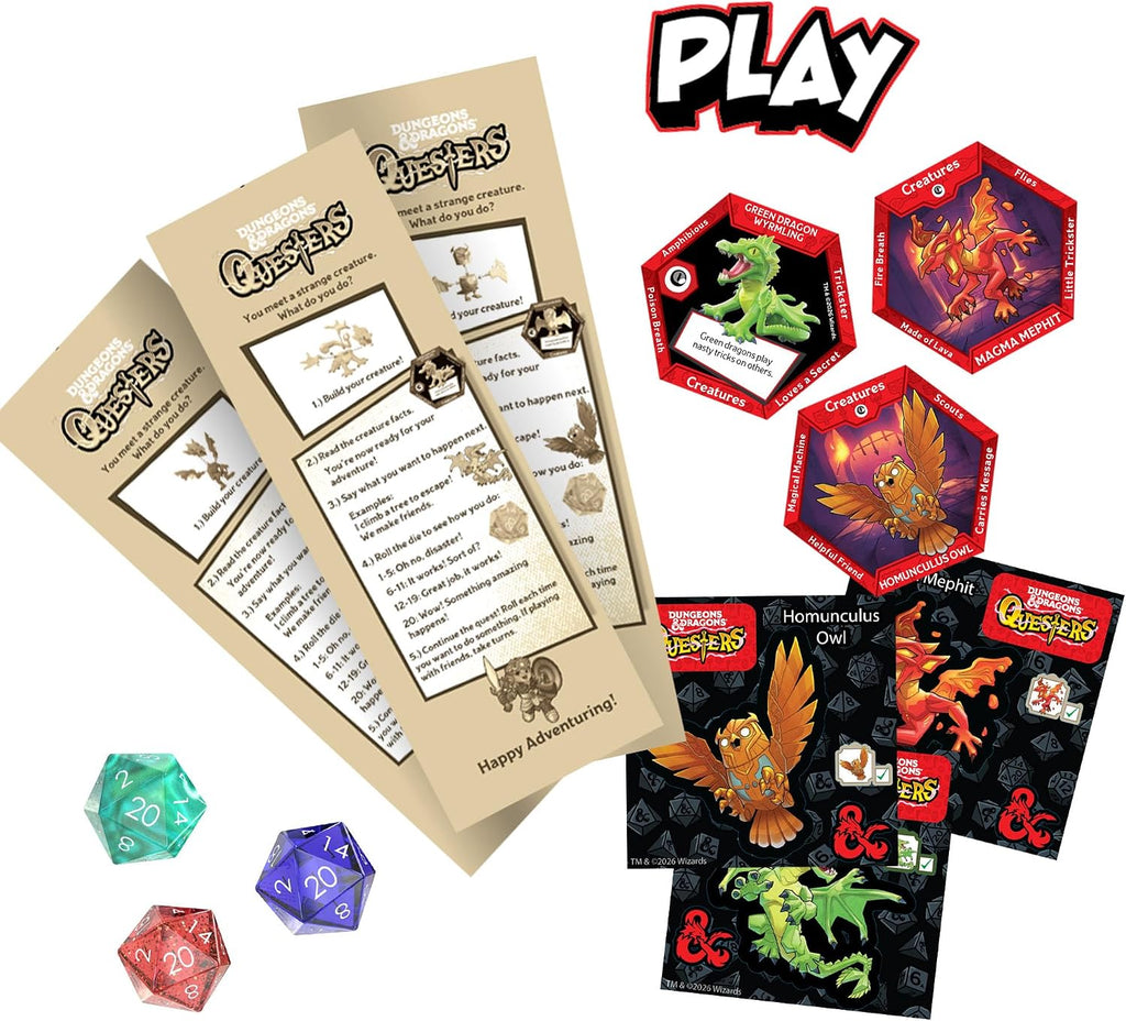 Dungeons & Dragons Questers Figuras de criatura, paquete de 3, figuras coleccionables de juguete de fantasía D&D, Wyrmling verde, Magma Mephit y búho homúnculo