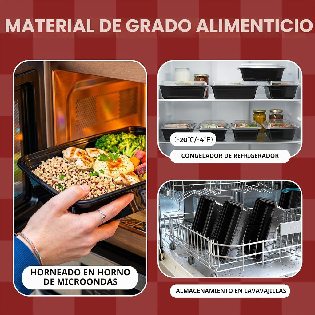 Paquete de 100 (200 piezas) recipientes de preparación de comidas de 38 onzas reutilizables con tapas, resistentes a prueba de fugas, recipientes de plástico para llevar para microondas