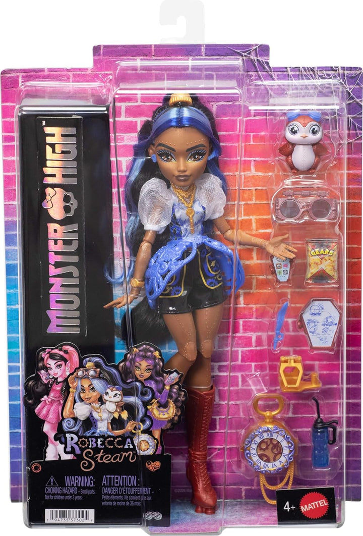 Monster High Muñeca, Robecca Steam en blusa azul y pantalones corto...