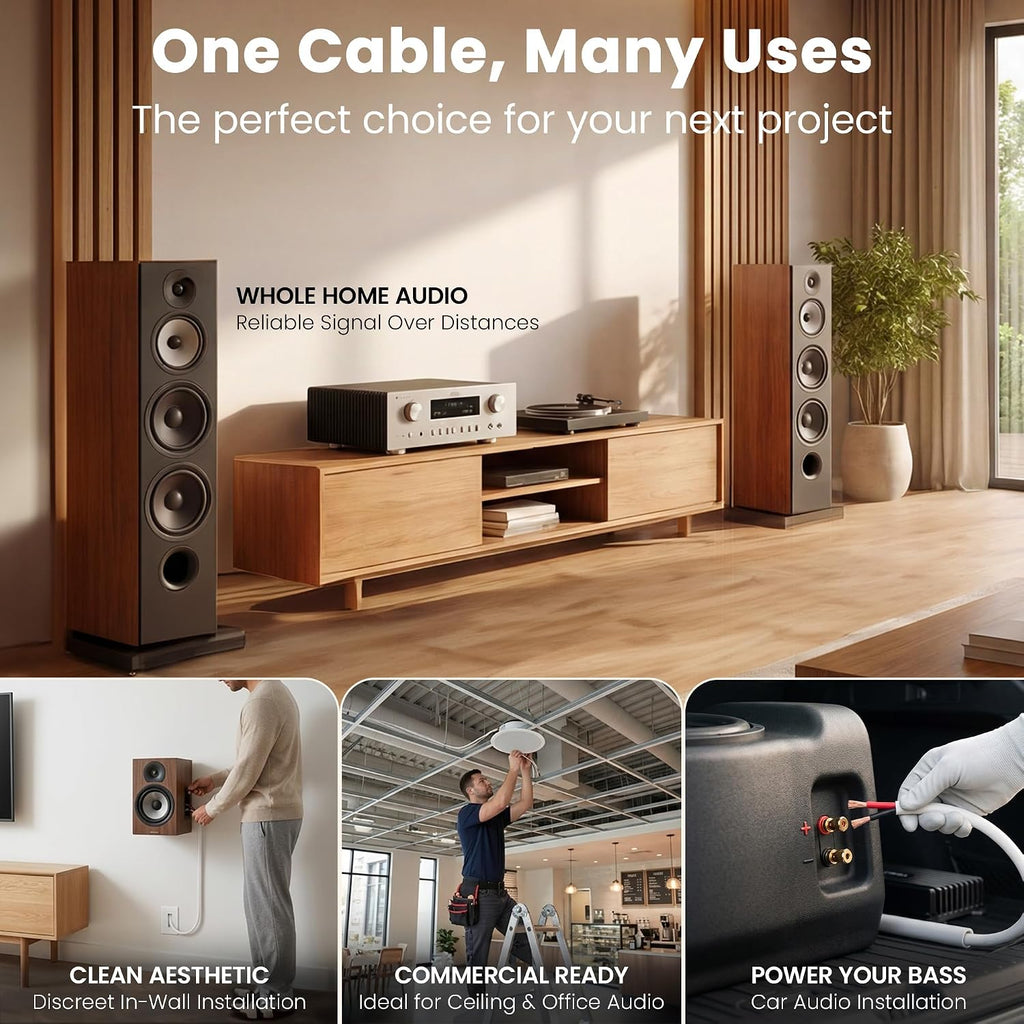 GEARit Cable de altavoz de pared de calibre 14 de 100 pies, cable CL2 clasificado 14/2 CCA, color blanco
