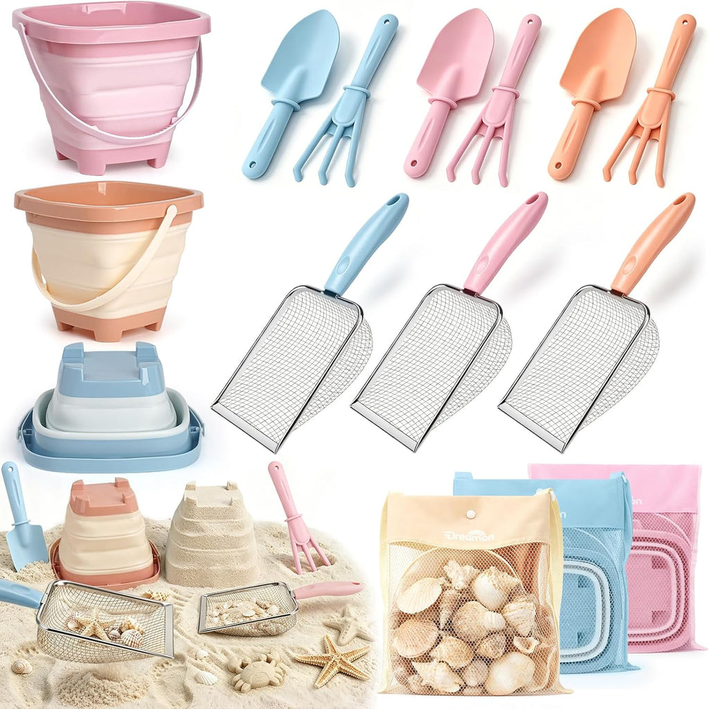 Juego de palas de playa y bolsa de malla para niños, set de 3 cubos plegables para arena