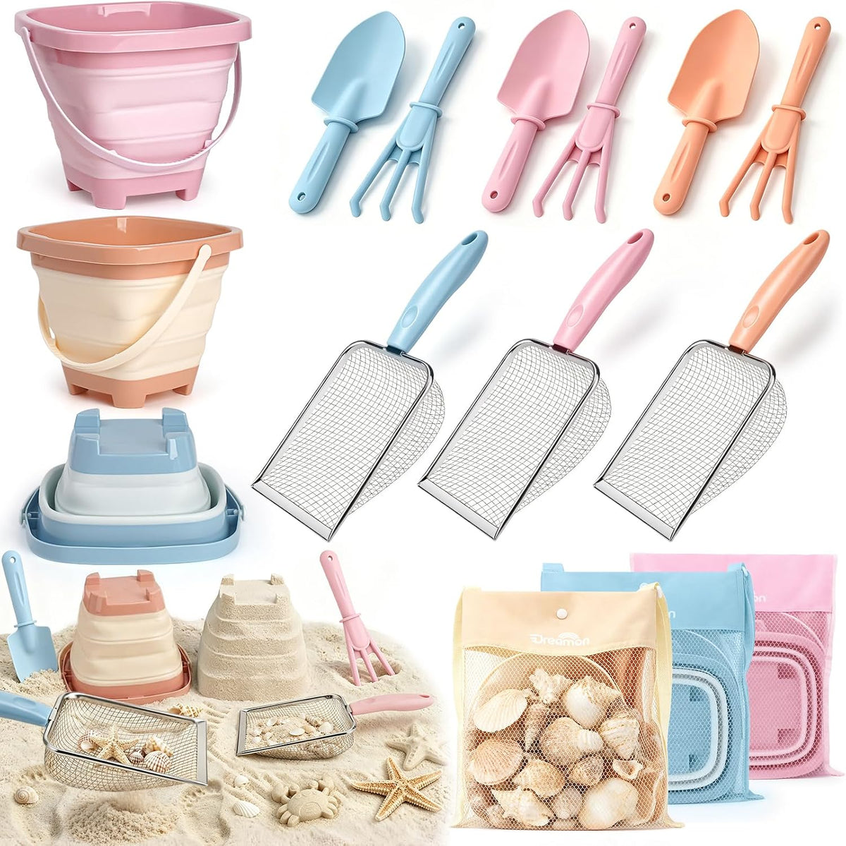 Juego de palas de playa y bolsa de malla para niños, set de 3 cubos plegables para arena