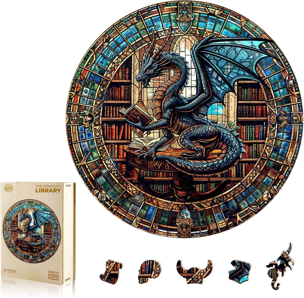 WOODBESTS Rompecabezas de Madera para Adultos, Dragon's Library Wood Puzzle Adult, L