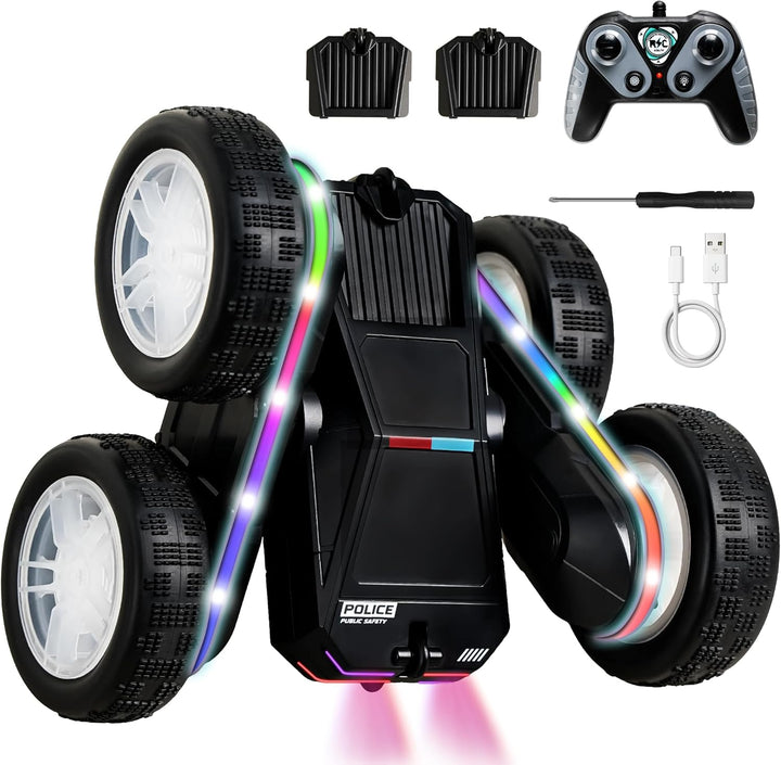 SANGQAOFU Coche de control remoto de policía 4WD 360° Flips RC Stun...