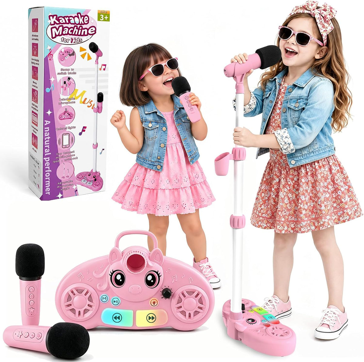 Máquina de karaoke con soporte para niños, 2 micrófonos inalámbricos