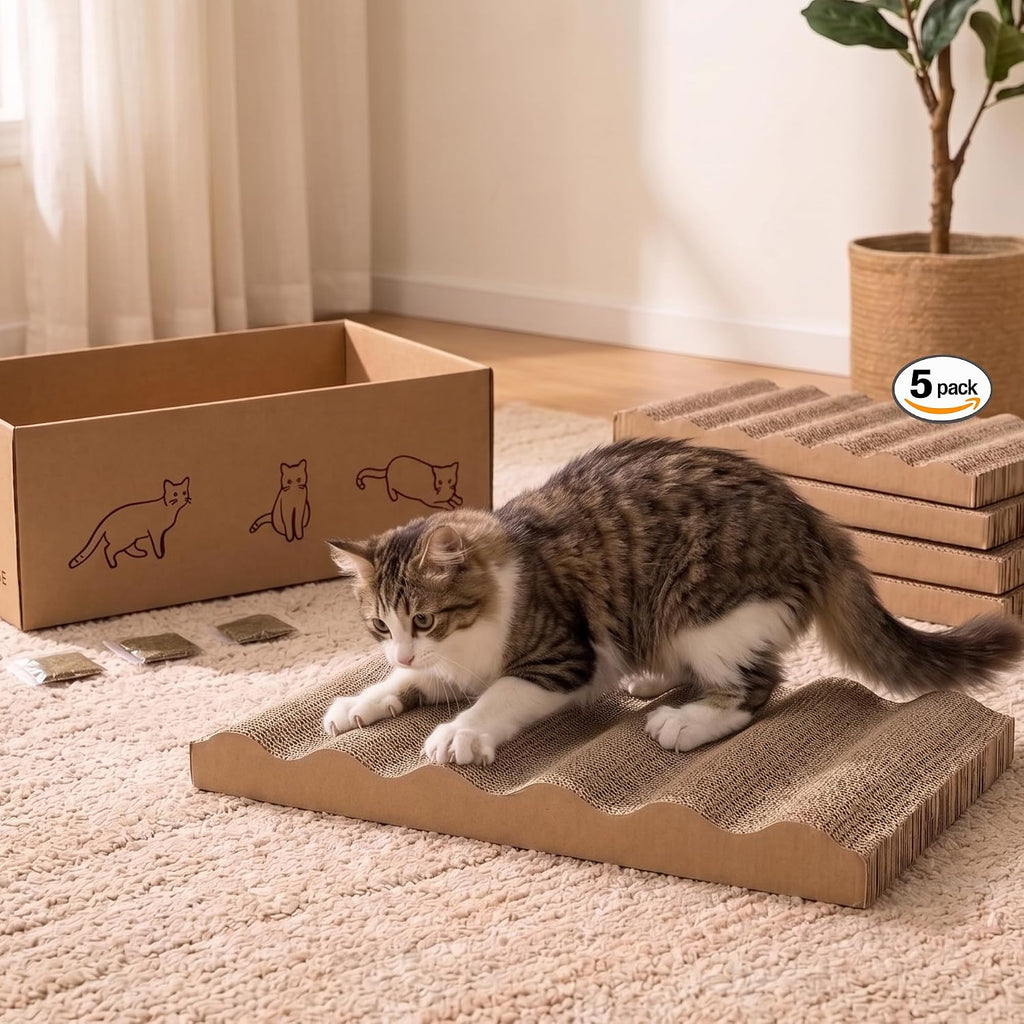 5 piezas de rascador para gatos con caja, rascadores reversibles para gatos de interior, rascador de cartón para gatos con hierba gatera, 2 tablas curvas y 3 tablas planas para rascar en la