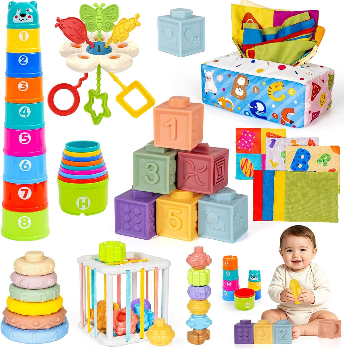 6 en 1 Juego Montessori para Bebés, Set Sensorial para Recién Nacidos, Regalo de Aprendizaje Temprano