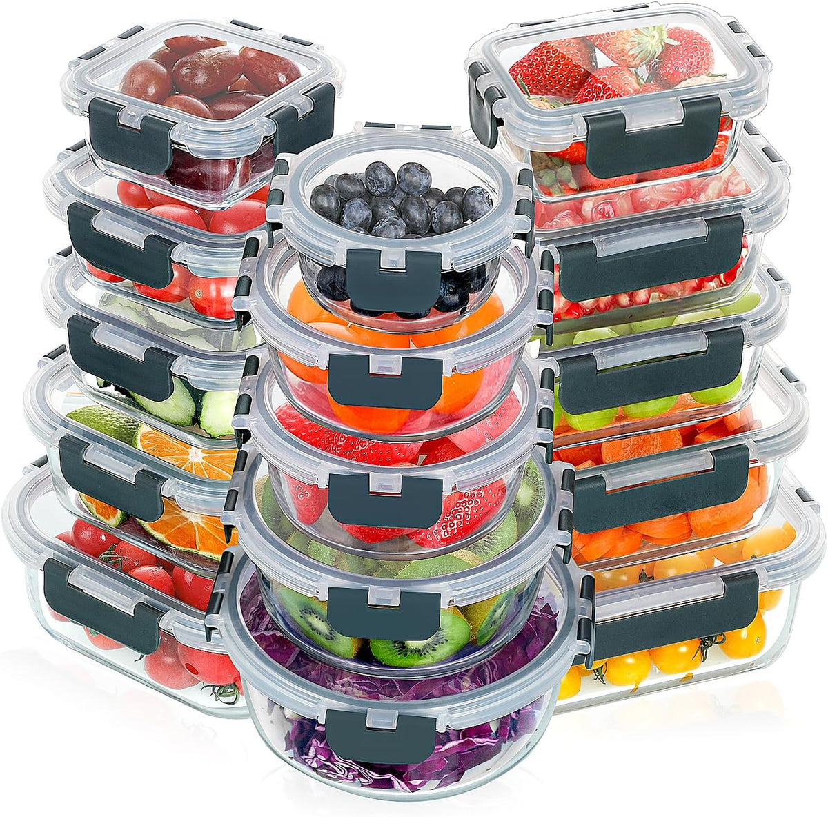VERONES - Juego de 30 recipientes de vidrio para almacenamiento de alimentos con tapas, color gris