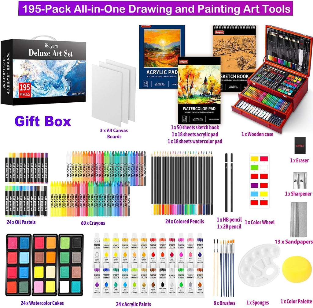 iBayam Art Supplies, paquete de 195 kits de pintura de dibujo de lujo, juego de 3 cuadernos de bocetos